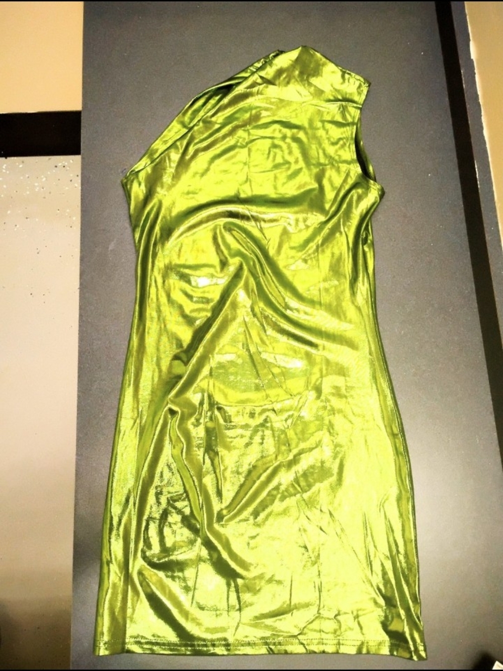 Satin Feel One-Shoulder Green Metallic Dress
